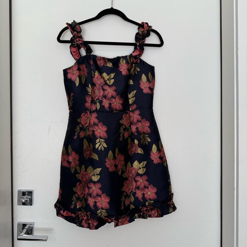 Lulu’s Pop The Bottle Navy Blue Floral Jacquard Ruffled Mini Dress - Picture 6 of 10